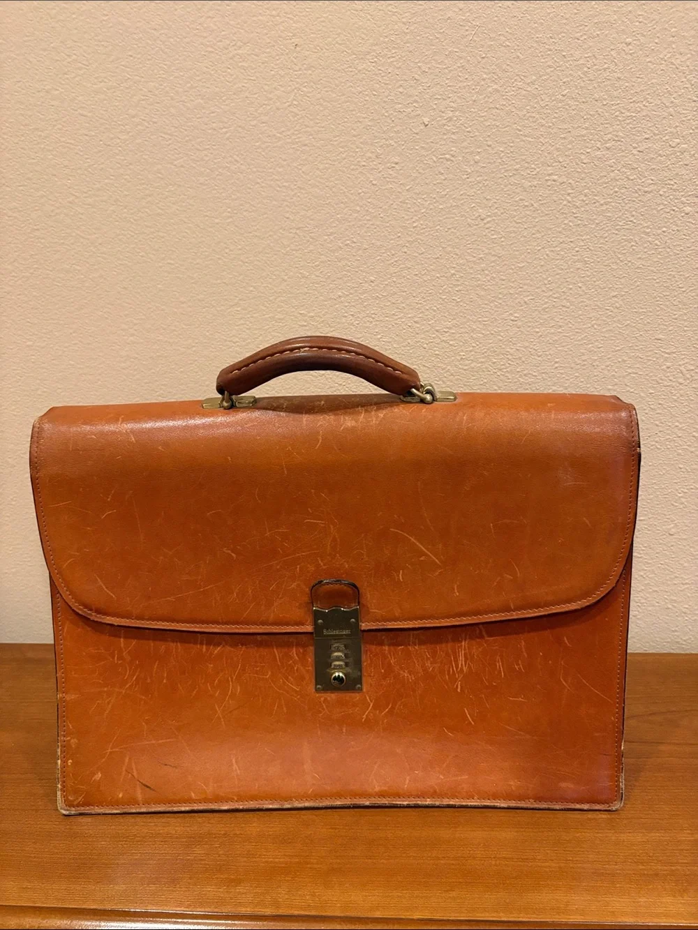 Vintage Schlesinger California Saddle Cowhide Leather Briefcase in Cognac Brown